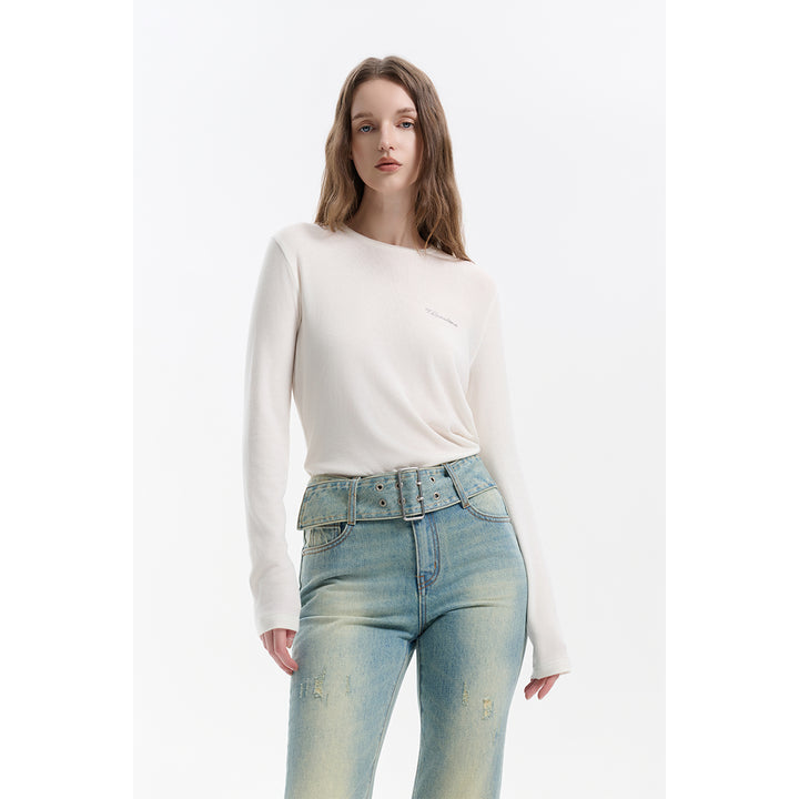 Three Quarters Hotfix Logo Tencel Wool Top White