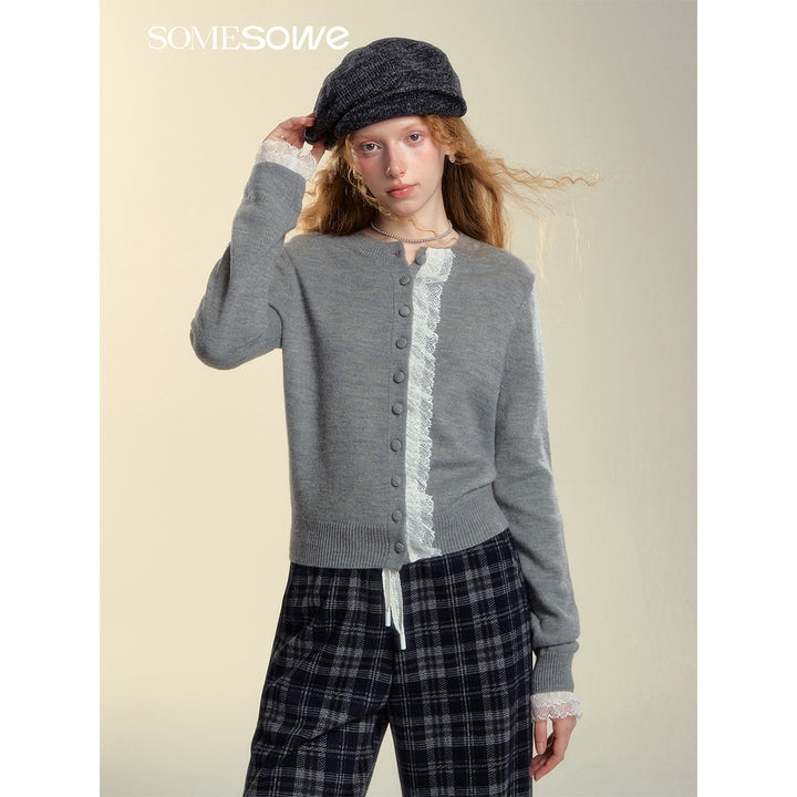 SomeSowe Lace Edge Round-Neck Knit Cardigan Gray