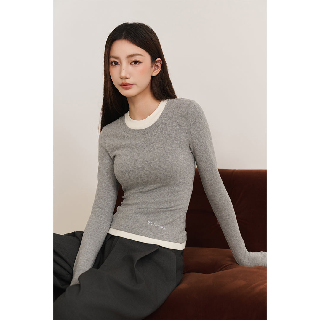 Three Quarters Hotfix Logo Fake-2-Piece Mousse Cashmere Top Gray