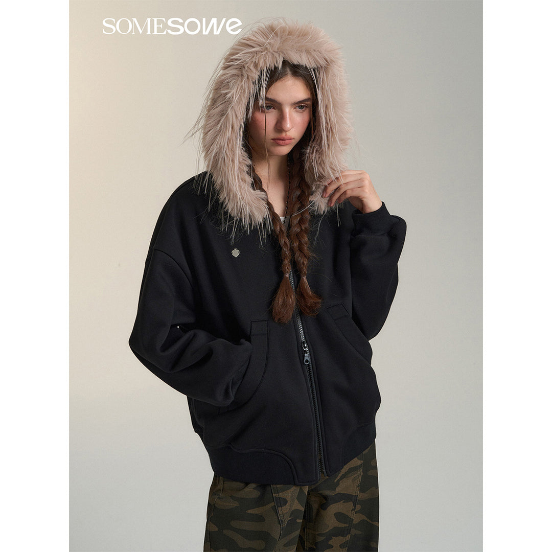 SomeSowe Detachable Fur Collar Hooded Top Jacket Black