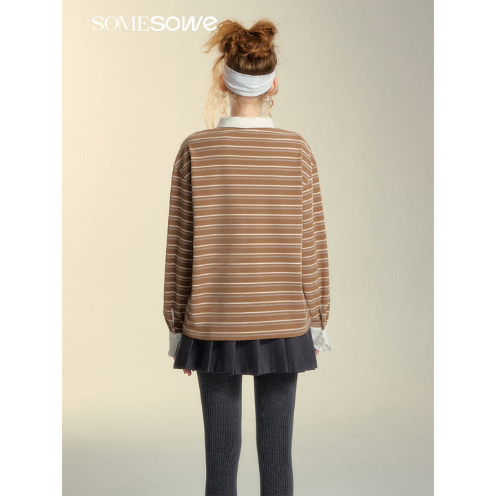 SomeSowe Lace Edge Striped Long Sleeve Polo Top Brown