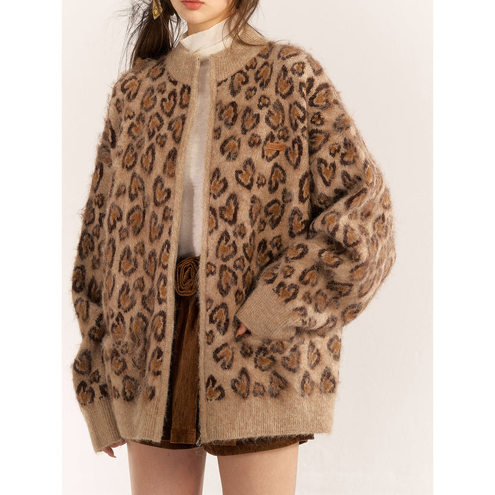 AsGony Blended Woolen Retro Leopard Knit Cardigan Brown