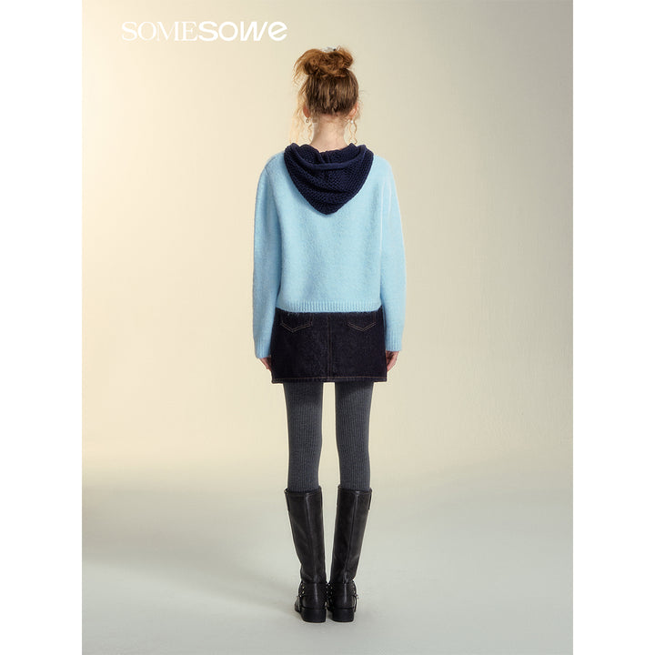 SomeSowe Hollow Out Hooded Knit Sweater Light Blue