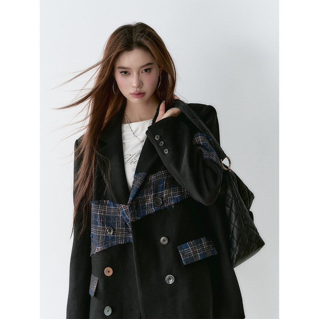 Via Pitti Heavy Plaid Patchwork Mid-Length Coat Black