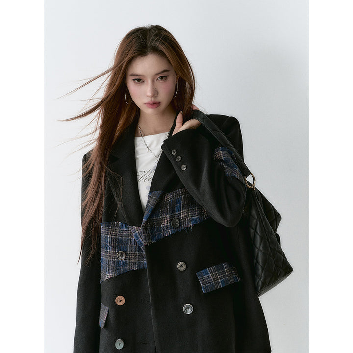 Via Pitti Heavy Plaid Patchwork Mid-Length Coat Black