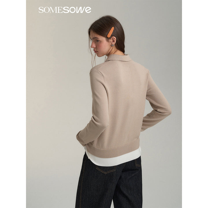 SomeSowe Fake-2-Piece Bow Knit Polo Cardigan Khaki