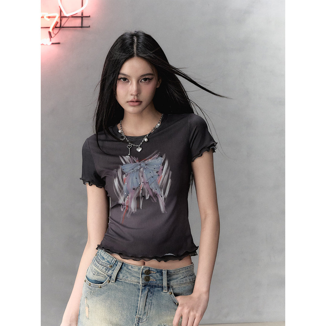 Via Pitti Rhinestone Bow-Knot Double Layered Top Black