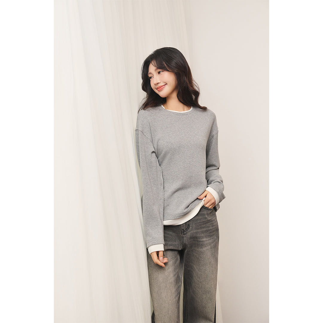 Three Quarters Fake-2-Piece Mousse Cashmere Loose Top Gray