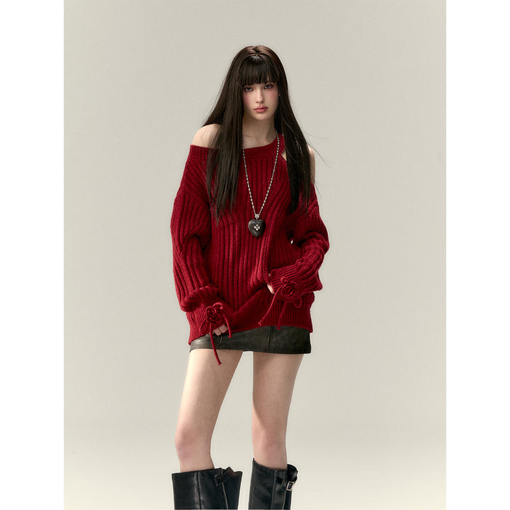 Via Pitti Rose Bow Irregular Collar Two-Way Sweater Red