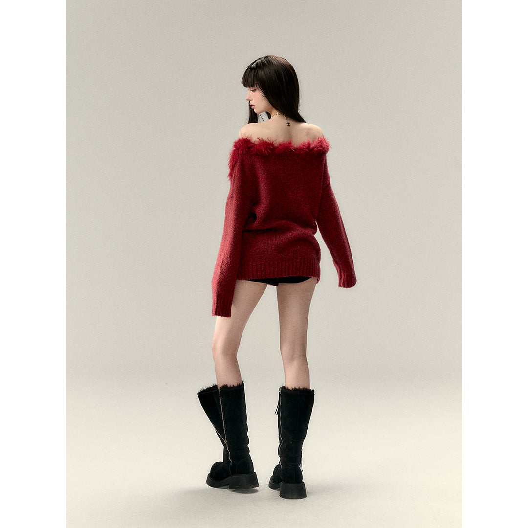 Via Pitti Off Shoulder Fur Integrated Knit Sweater Red