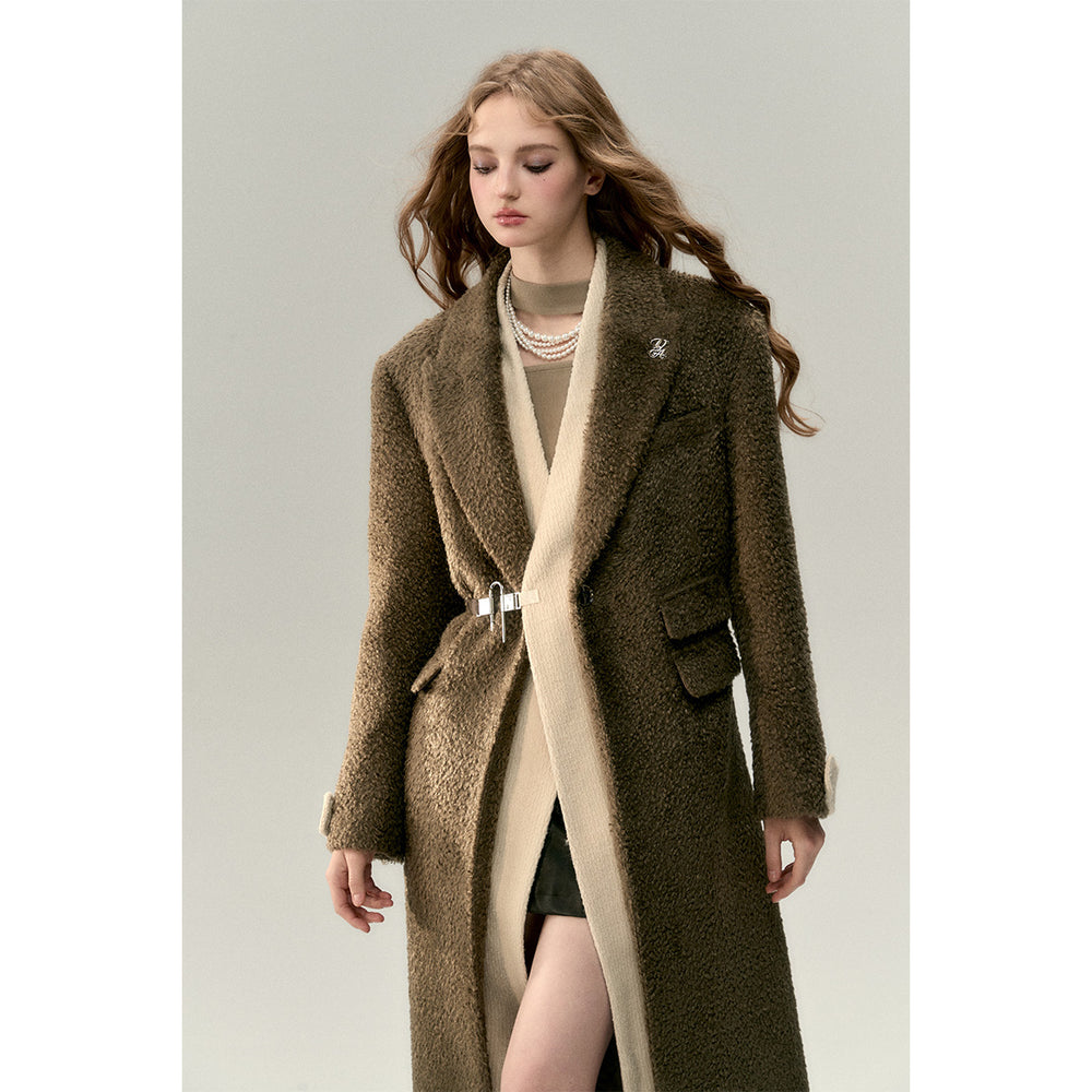 Via Pitti Fake-2-Piece Thicken Long Fleece Coat Brown - Mores Studio