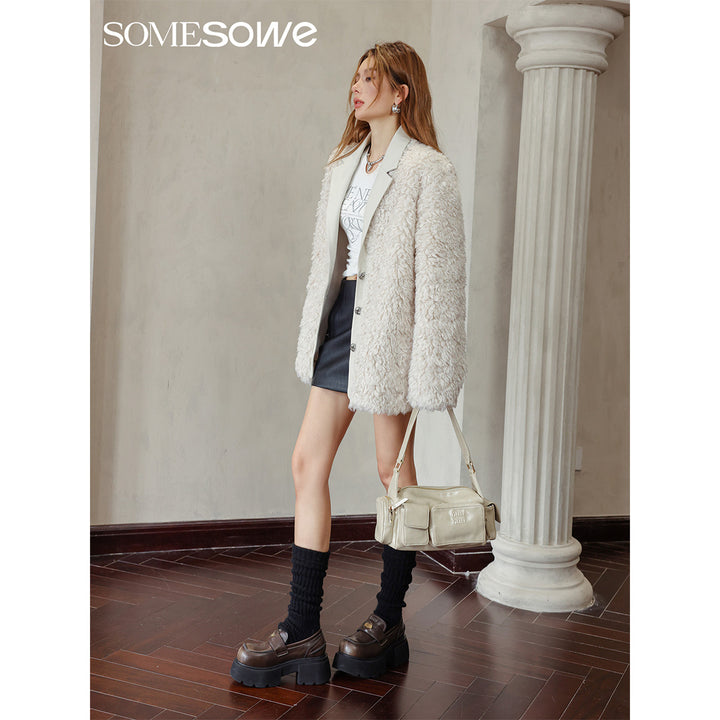 SomeSowe Leather Integrated Furry Jacket Cream - Mores Studio