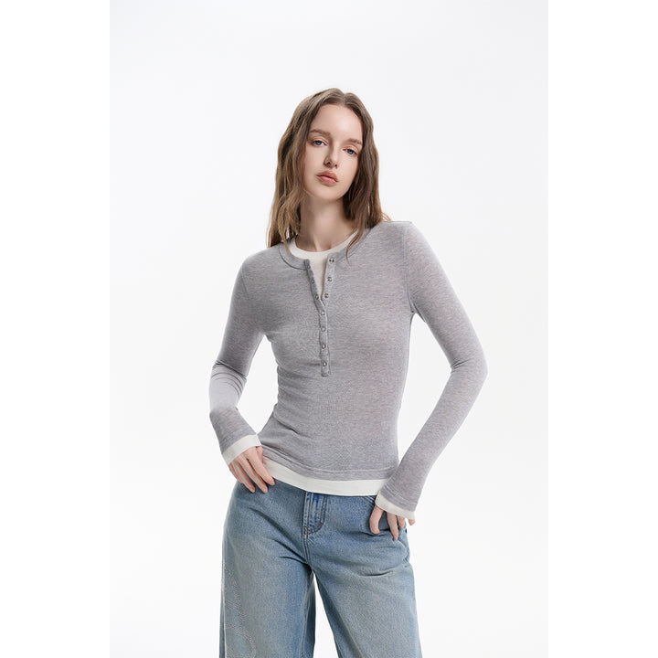 Three Quarters Fake-2-Piece Wool Knit Base Top Gray