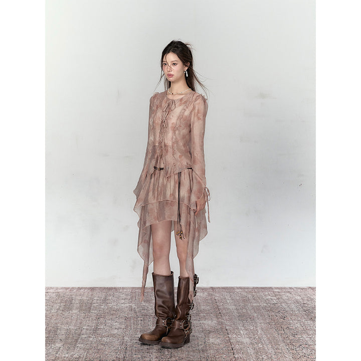 Via Pitti Ruffled Drawstring Tie Top Brown