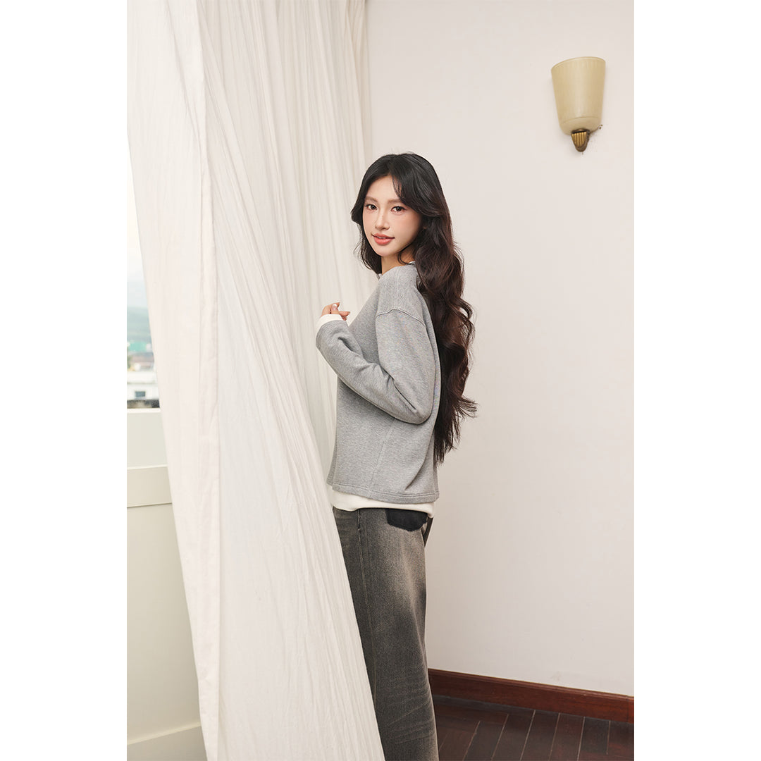 Three Quarters Fake-2-Piece Mousse Cashmere Loose Top Gray