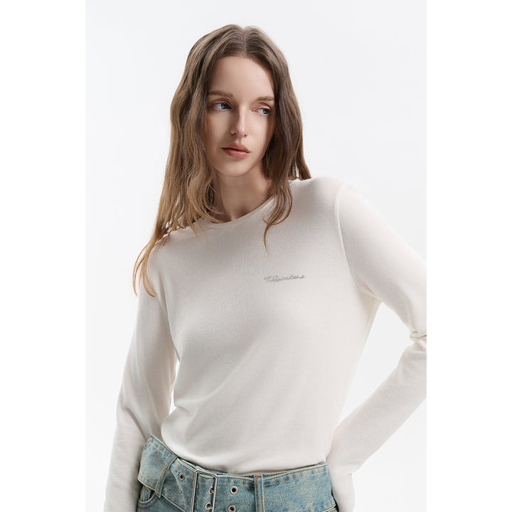 Three Quarters Hotfix Logo Tencel Wool Top White