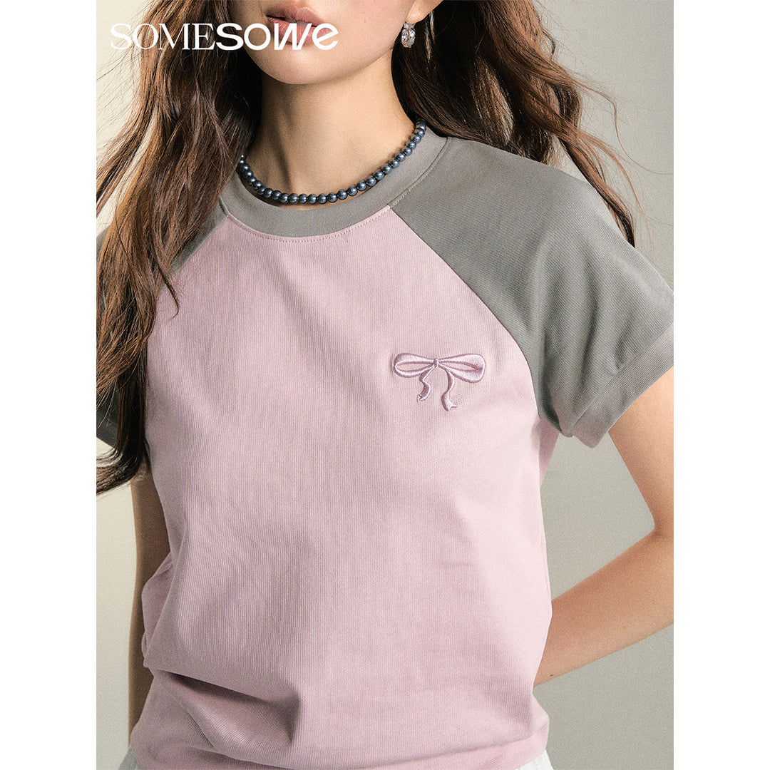 SomeSowe Bow Embroidered Raglan T-Shirt Pink