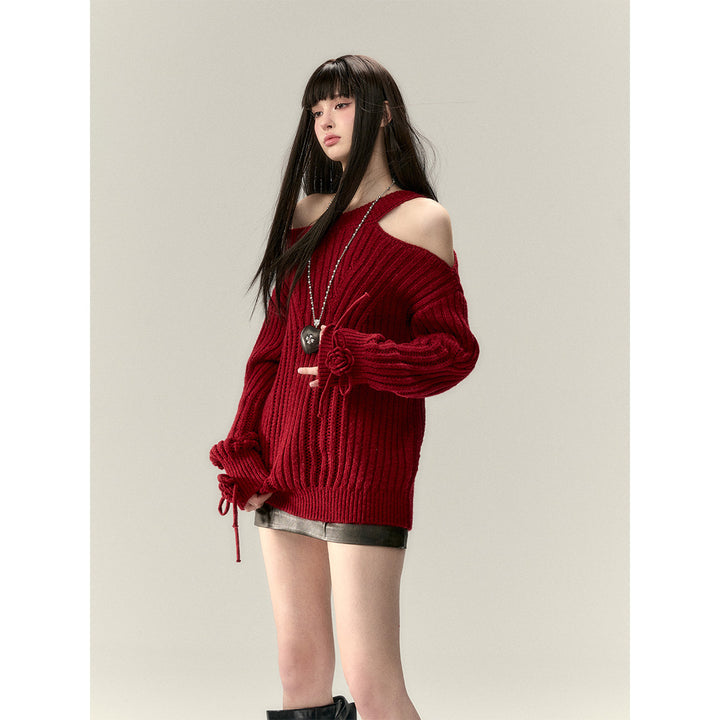 Via Pitti Rose Bow Irregular Collar Two-Way Sweater Red