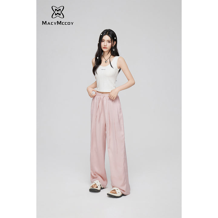 MacyMccoy Ice Silk Drawstring Wide-Leg Pants Pink