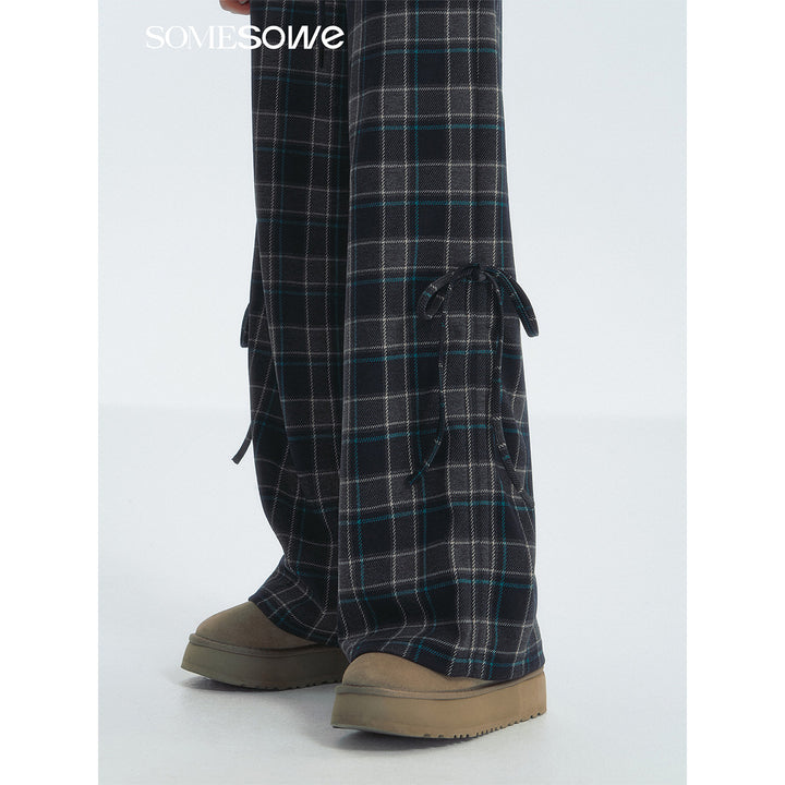 SomeSowe Bow Drawstring Plaid Wide-Leg Pants Blue