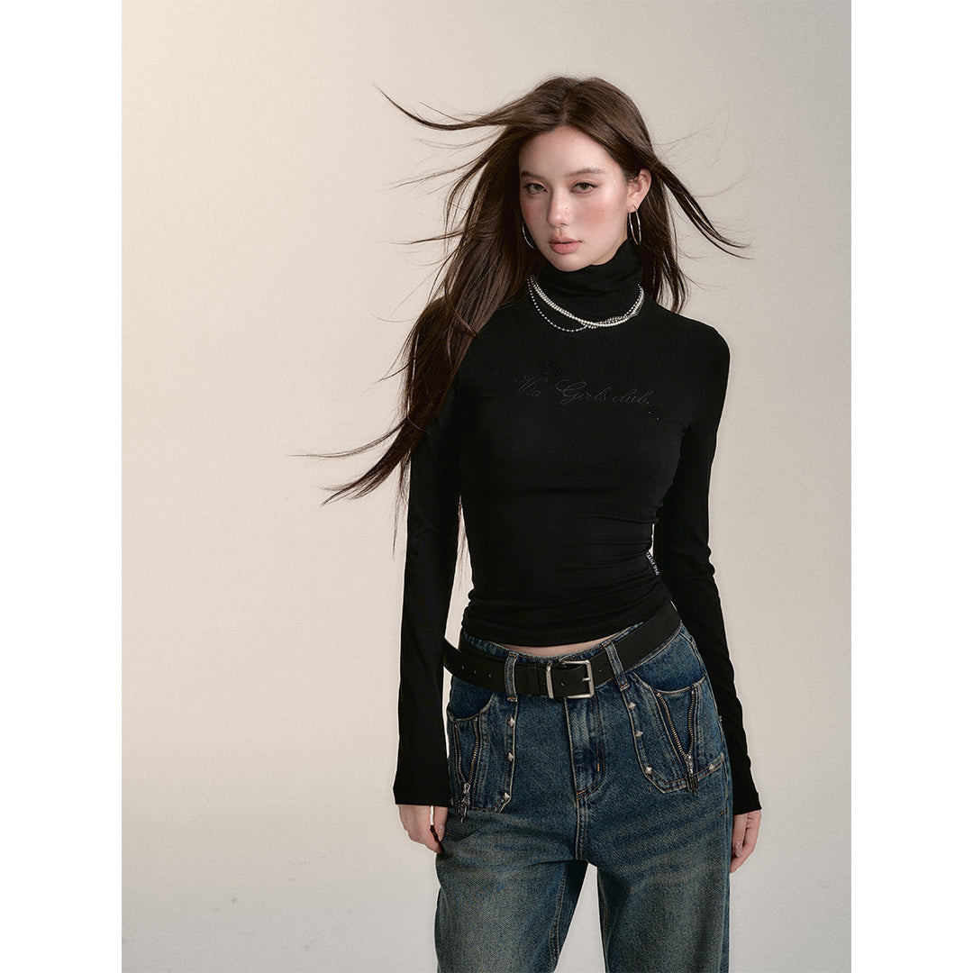 Via Pitti Logo Embroidery Pearl High Collar Slim Top Black