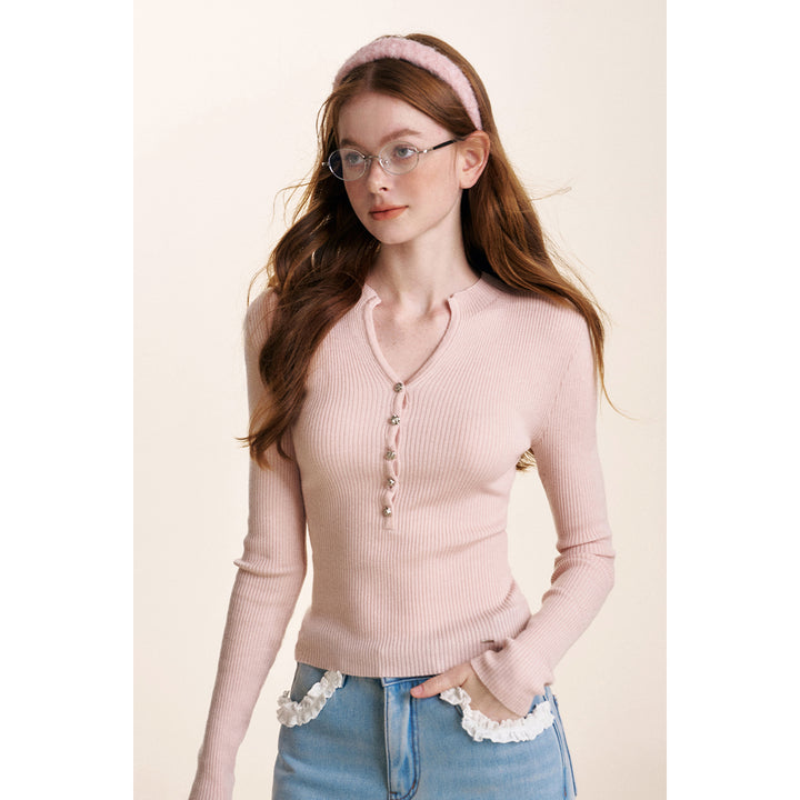 Kroche Rose Button V-Neck Knitted Top Pink