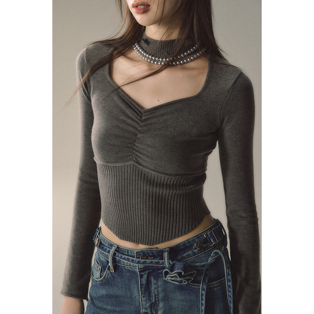 Via Pitti Metal Decor Chocker Collar Sweater Grey - Mores Studio