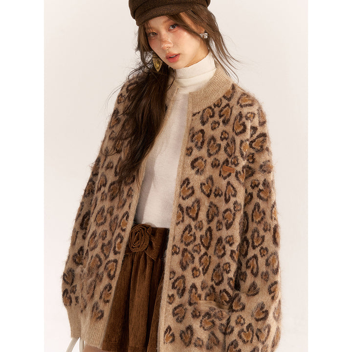 AsGony Blended Woolen Retro Leopard Knit Cardigan Brown