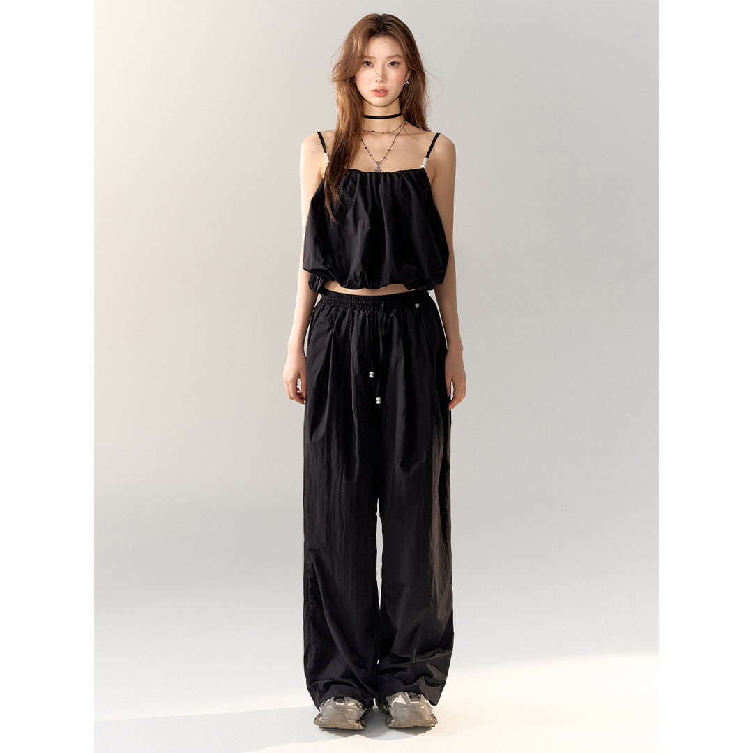 AsGony High Waist Drawstring Wide Leg Pants Black