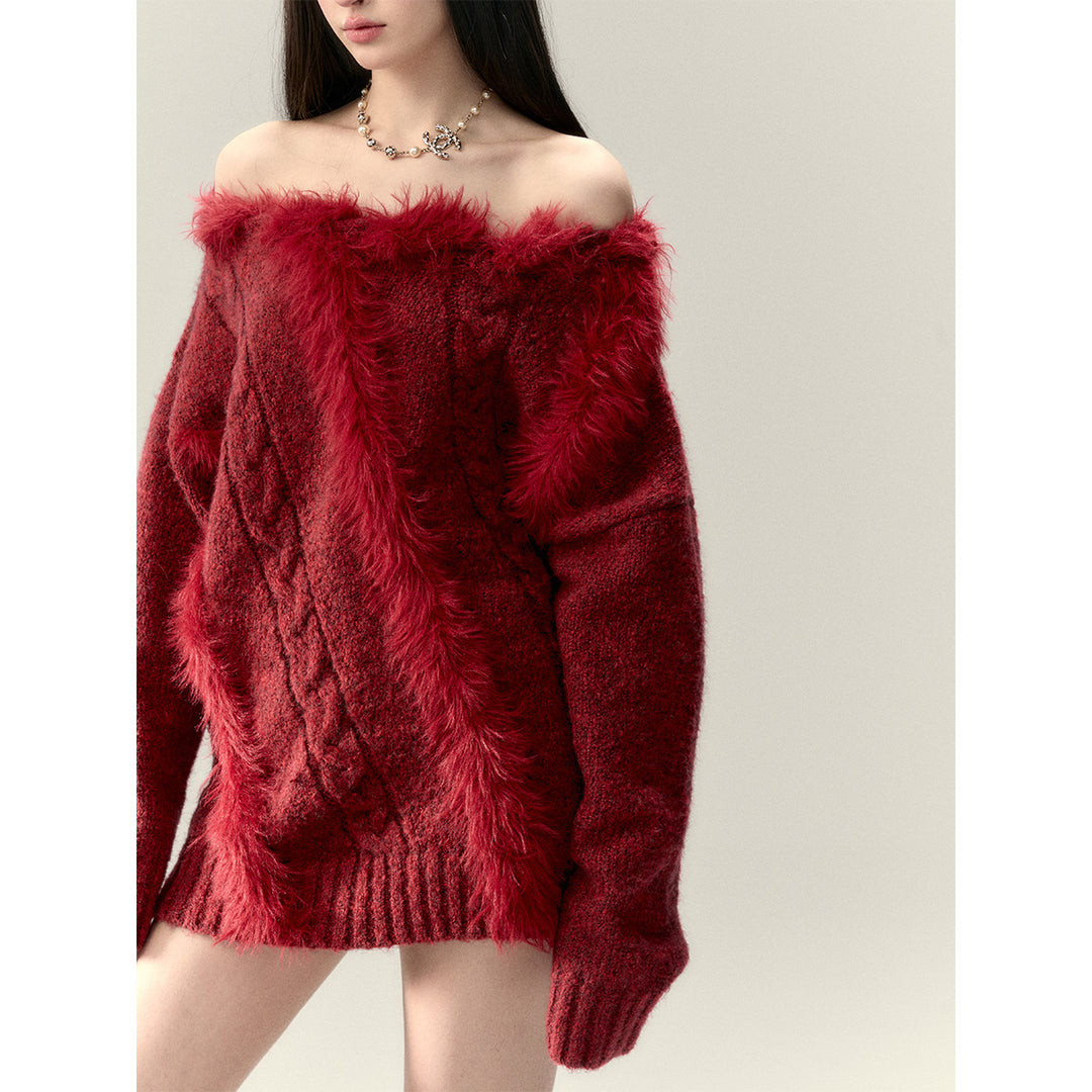 Via Pitti Off Shoulder Fur Integrated Knit Sweater Red