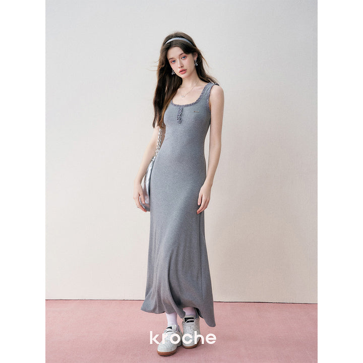 Kroche Lace Knit Sling Long Dress Gray