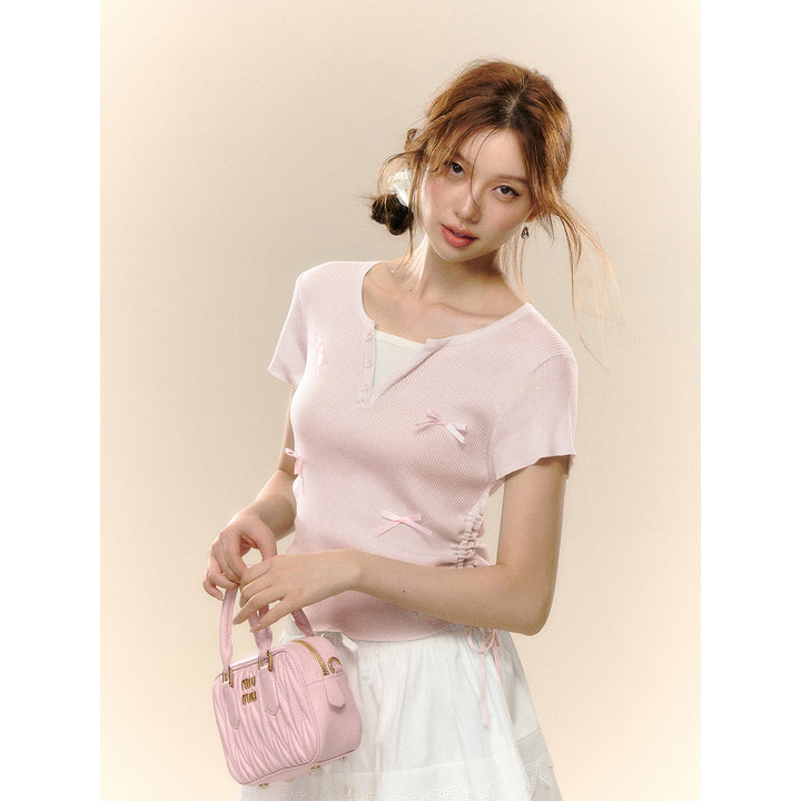 AsGony Fake-2-Piece Bow Tie Drawstring Knit Top Pink