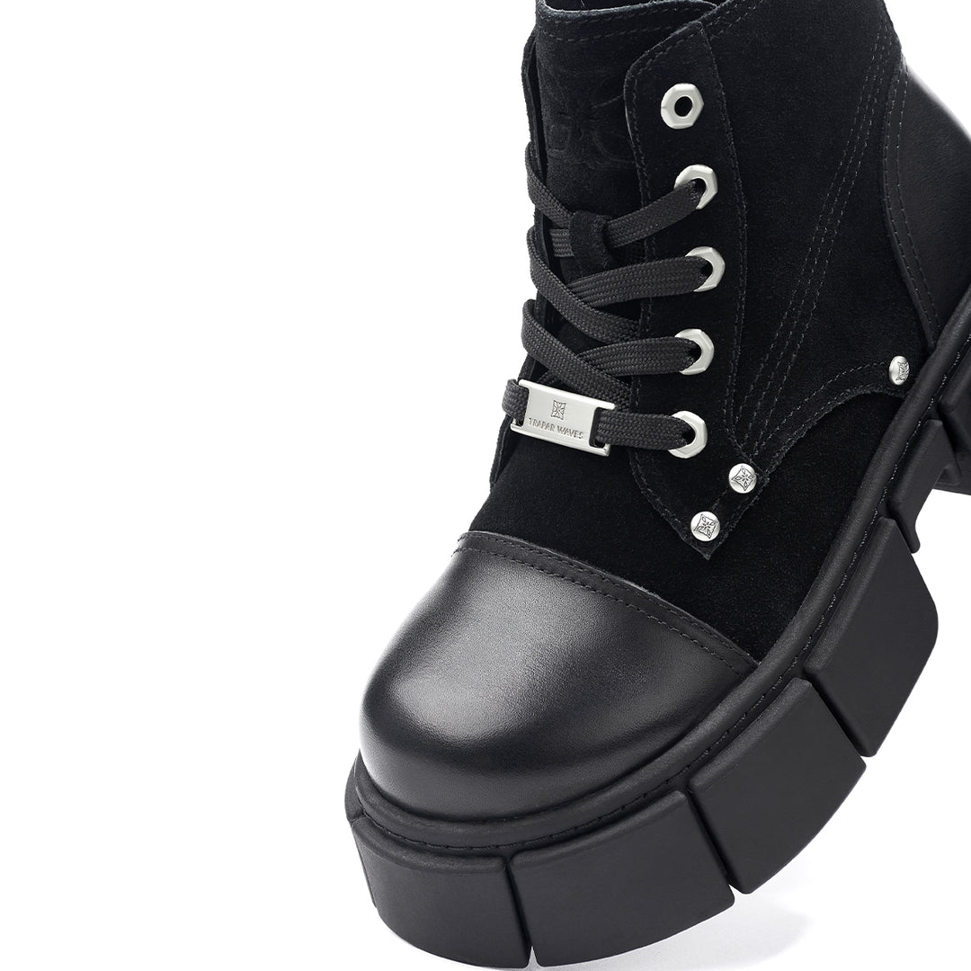 Trapar Waves Thick-Soled Logo Casual Leather Boots Black