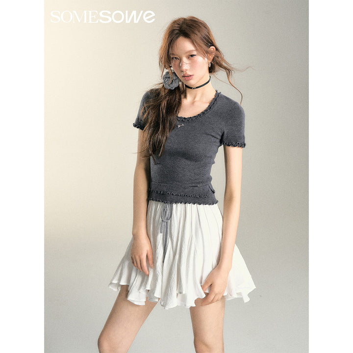 SomeSowe Double Lace Knit Slim Fit Top Gray