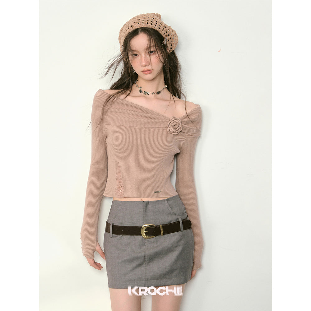 Kroche 3D Rose Off-Shoulder Knitted Top Khaki - Mores Studio