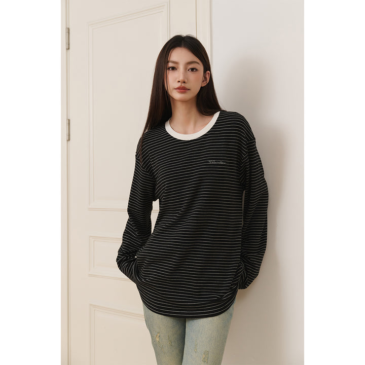 Three Quarters Hotfix Logo Striped Mousse Cashmere L/S Tee Black