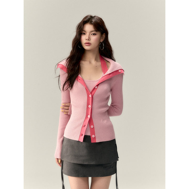 Via Pitti Color Blocked Big Lapel Knit Slim Cardigan Pink