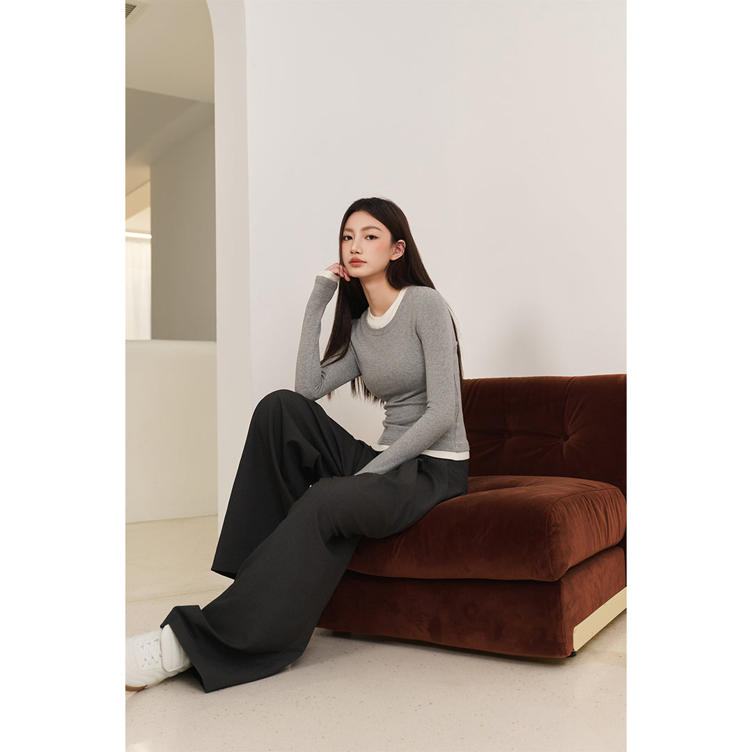 Three Quarters Hotfix Logo Fake-2-Piece Mousse Cashmere Top Gray