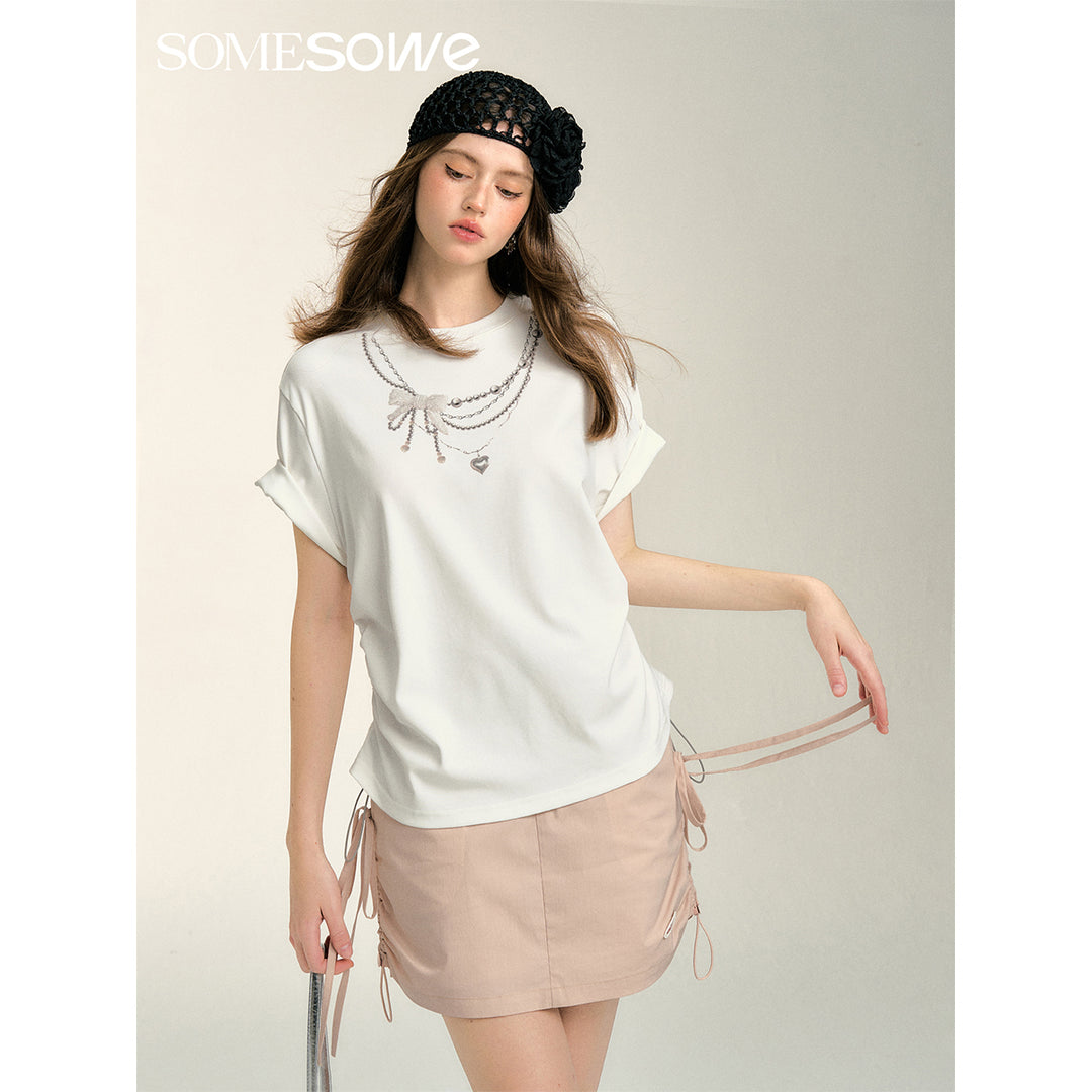 SomeSowe Pearl Necklace Printed Drawstring T-Shirt White