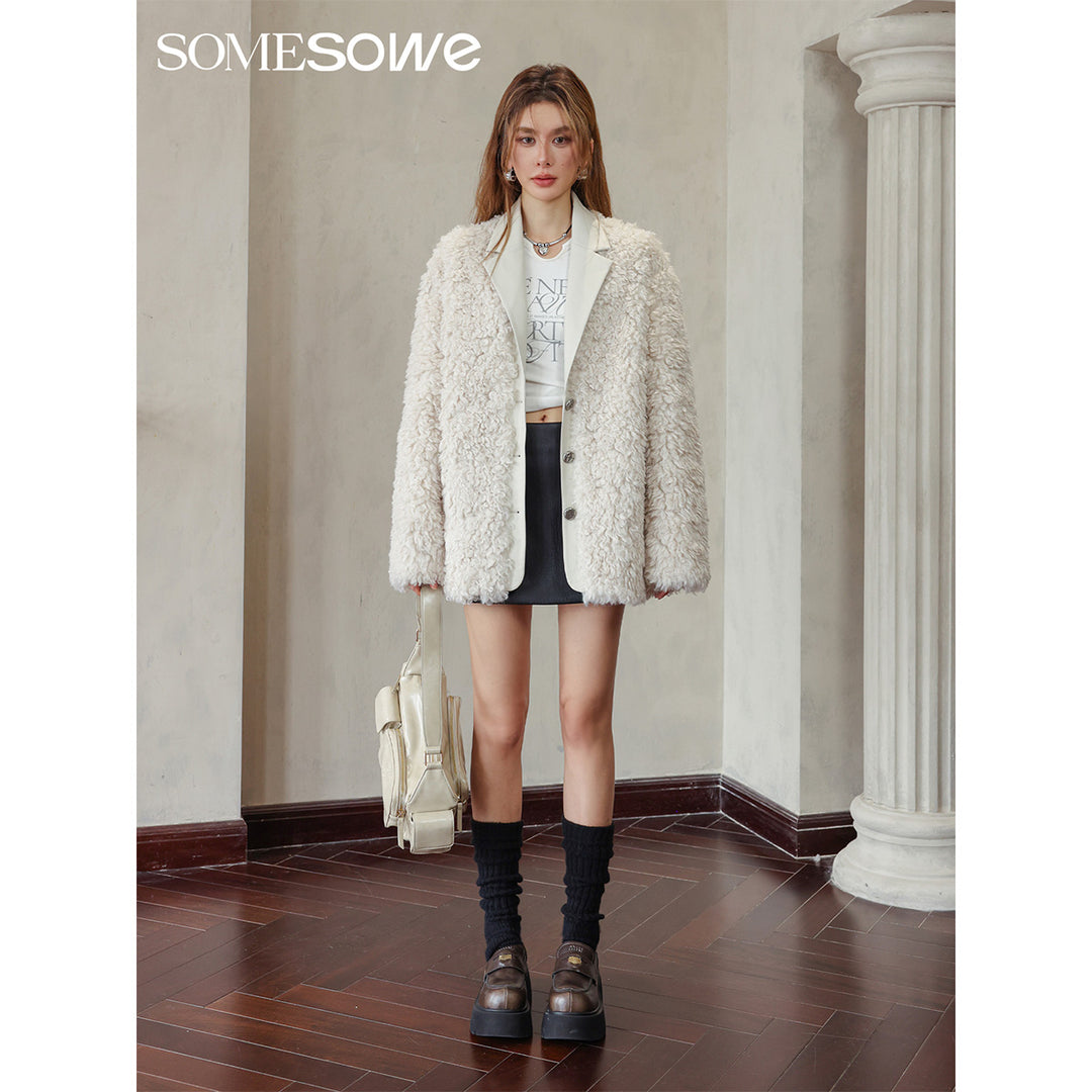 SomeSowe Leather Integrated Furry Jacket Cream