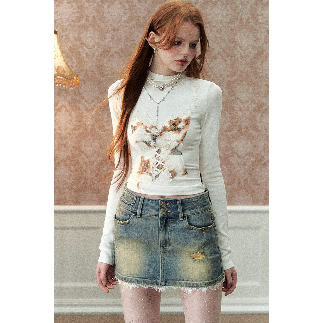 Via Pitti Color Blocked 3D Lace Patchwork Top White