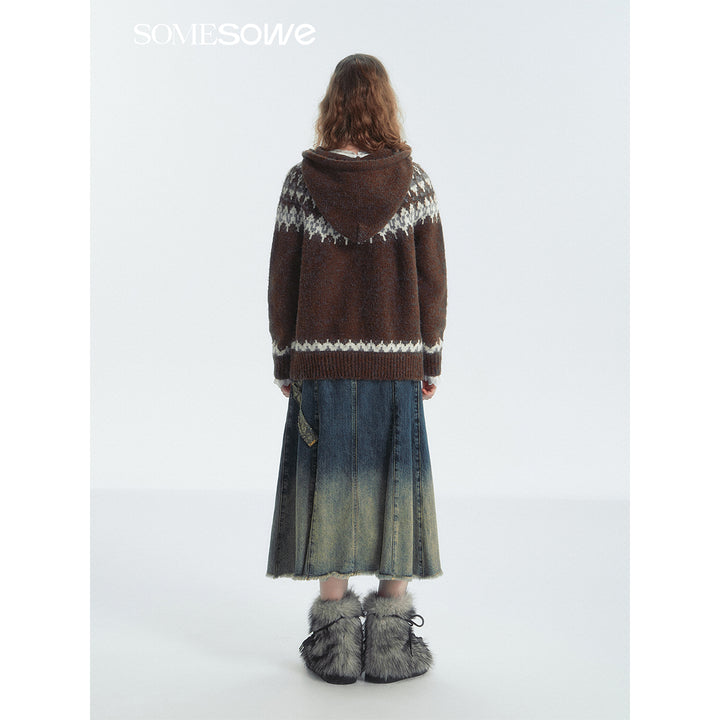 SomeSowe Fair Isle Hooded Knit Cardigan Brown