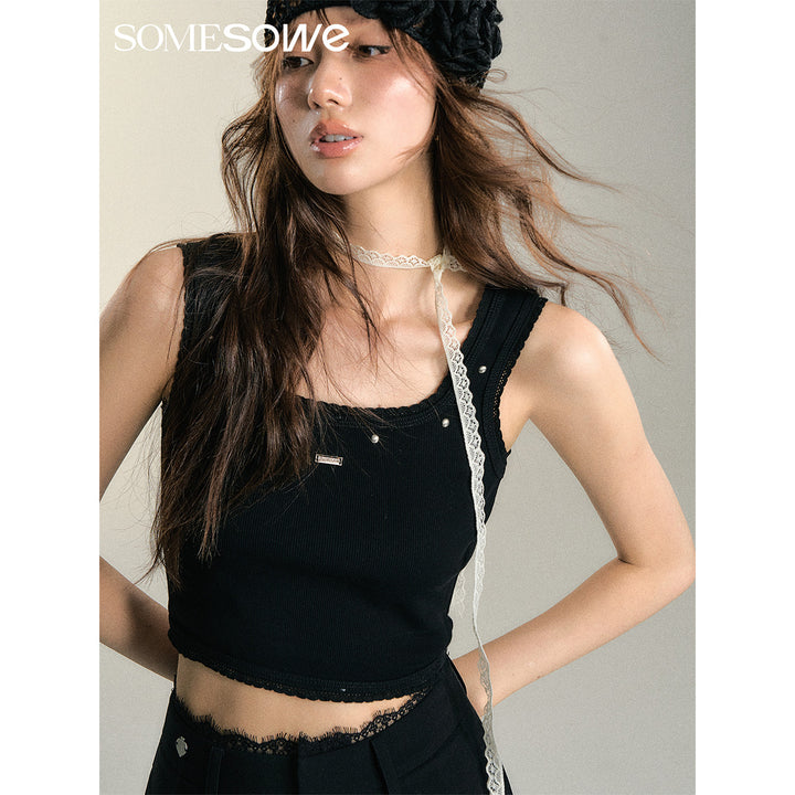 SomeSowe Lace Edge Rivet Knit Vest Black