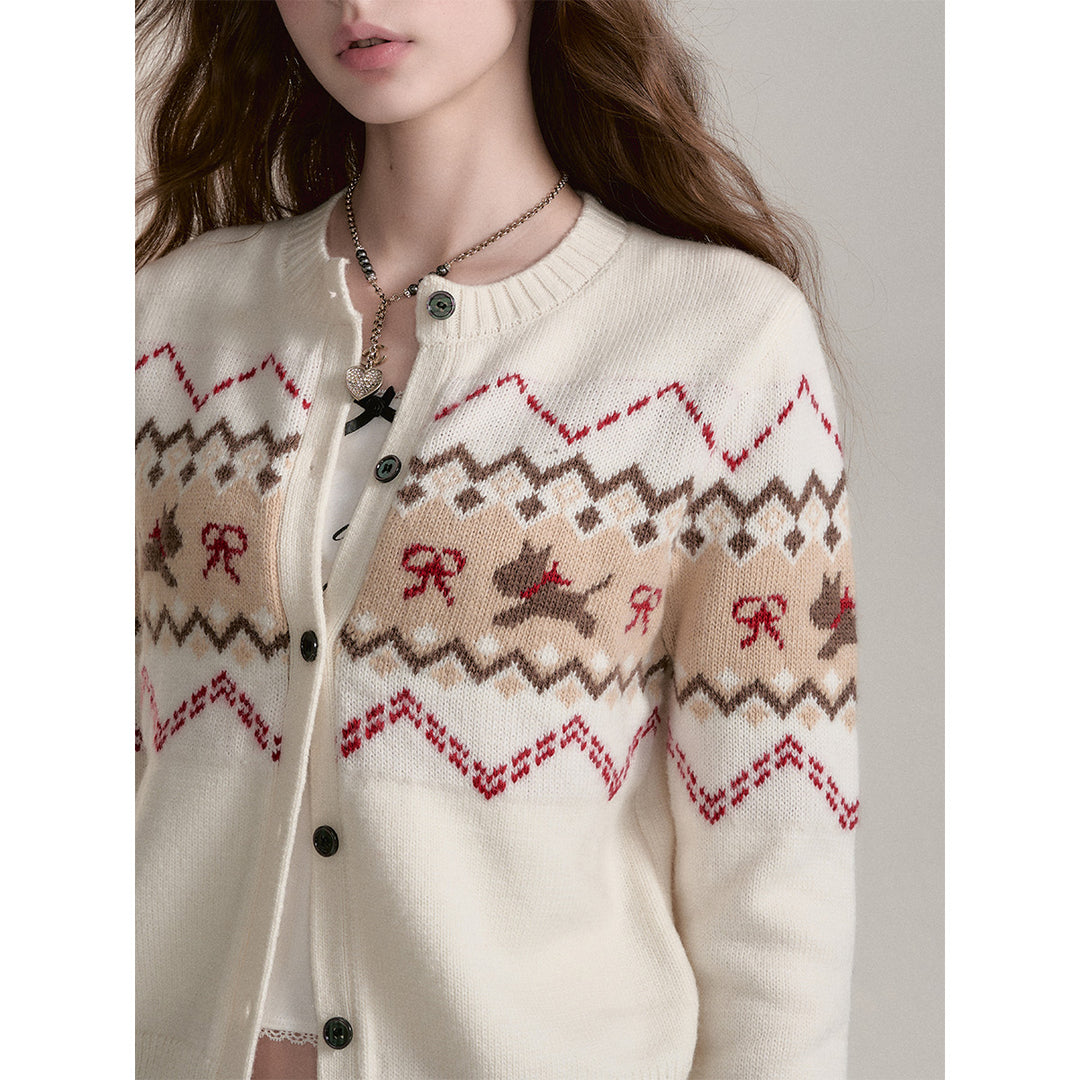 Via Pitti Fair Isle Puppy Shorts Knit Cardigan Beige