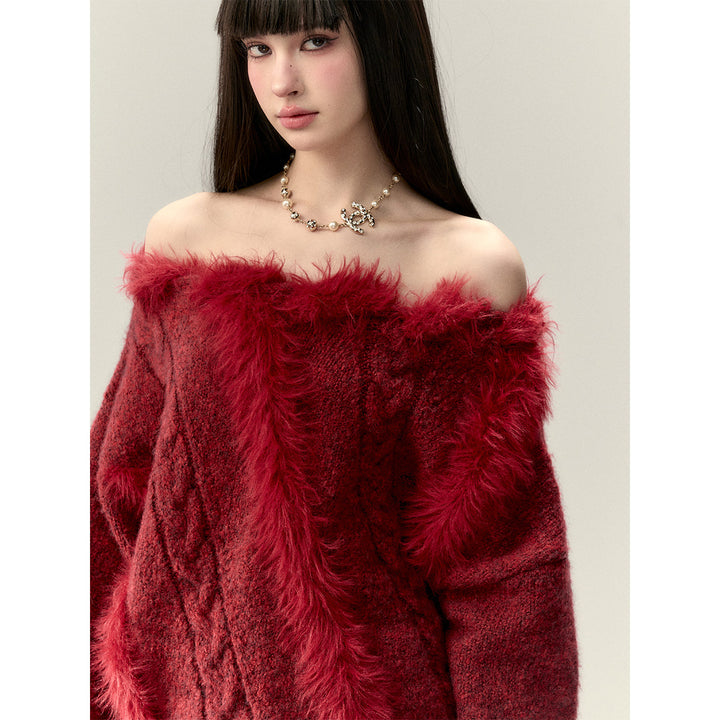 Via Pitti Off Shoulder Fur Integrated Knit Sweater Red