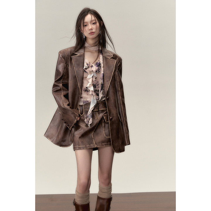 Via Pitti Distressed Heavy Washed Leather Jacket Brown - Mores Studio