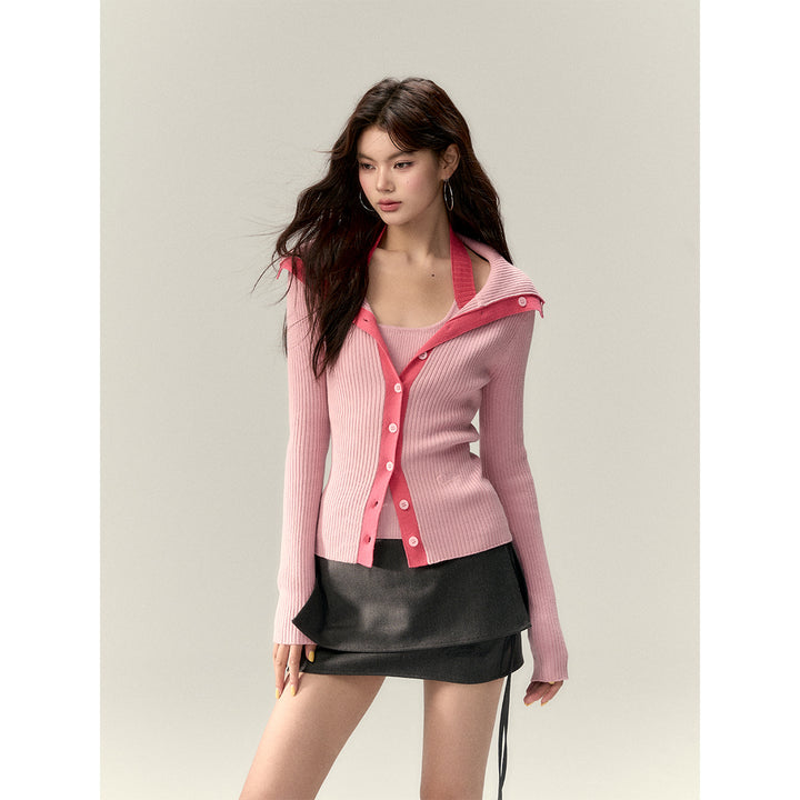 Via Pitti Color Blocked Big Lapel Knit Slim Cardigan Pink