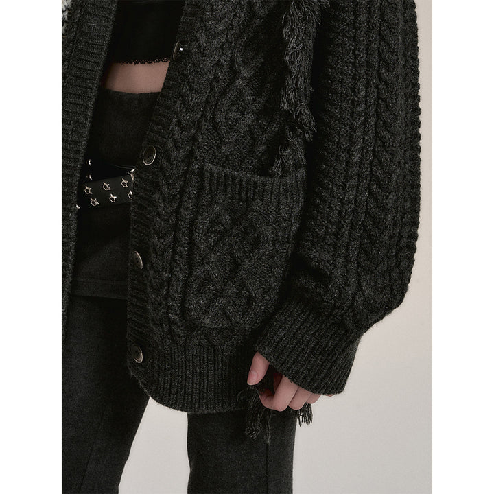 Via Pitti Heavy Twist Metal Logo Knit Cardigan Dark Gray