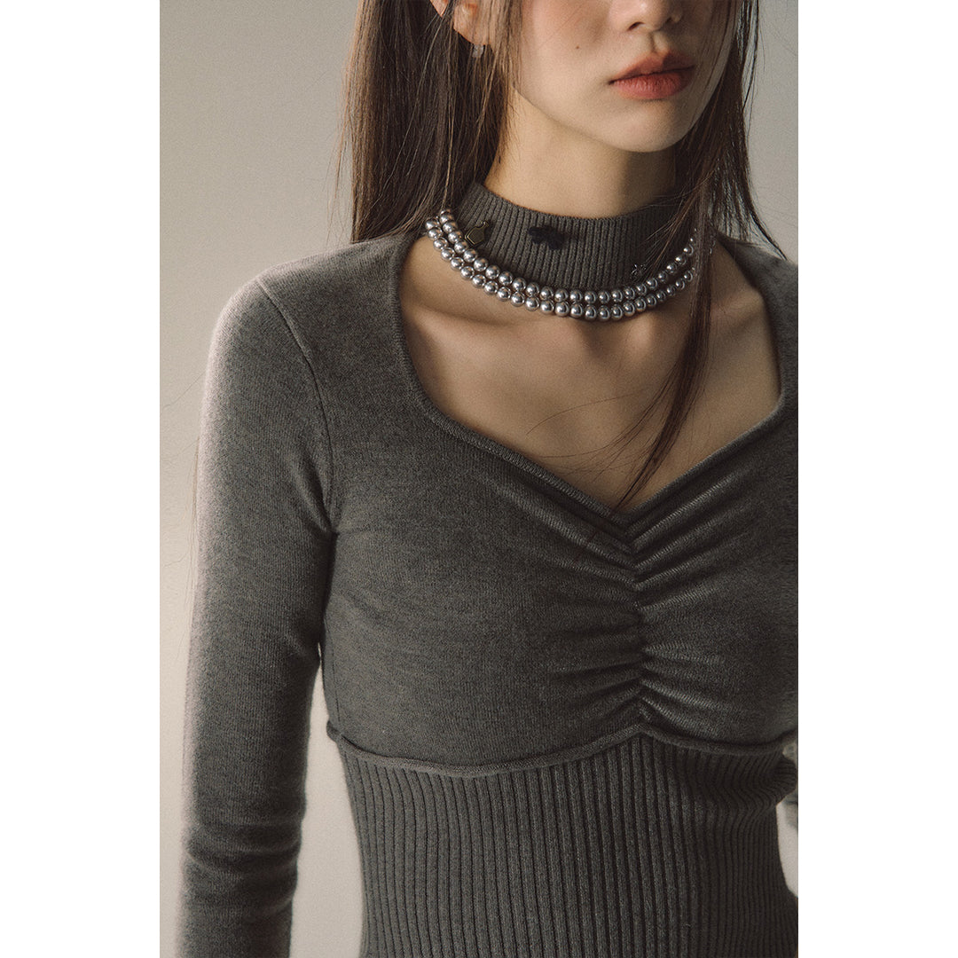 Via Pitti Metal Decor Chocker Collar Sweater Grey - Mores Studio