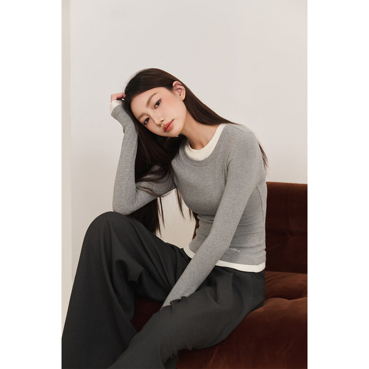 Three Quarters Hotfix Logo Fake-2-Piece Mousse Cashmere Top Gray